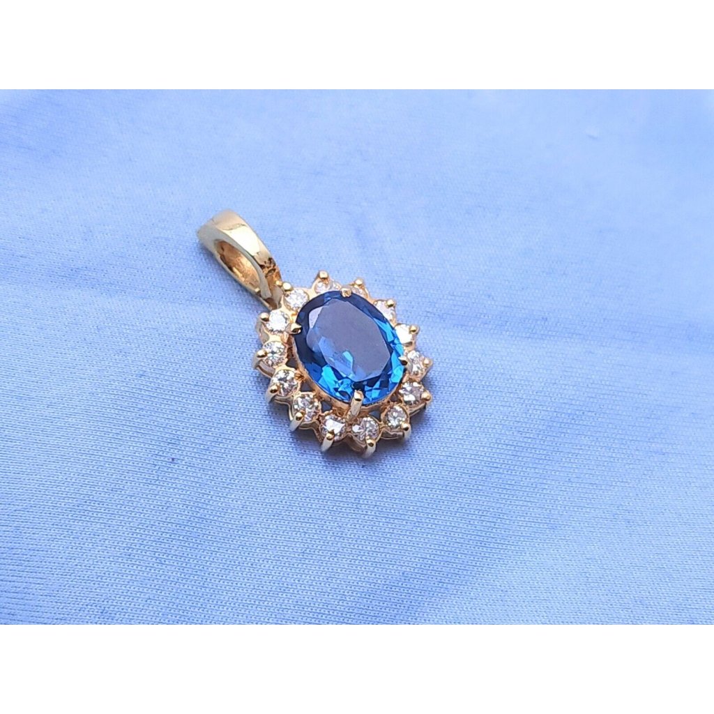 Unique 14k Solid Yellow Gold Synthetic Blue Spinel  Diamond Drop Charm Pendant